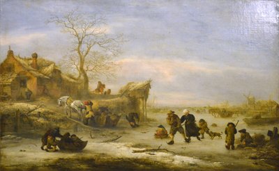 Bevroren kanaal met schaatsend paar door Isaac van Ostade